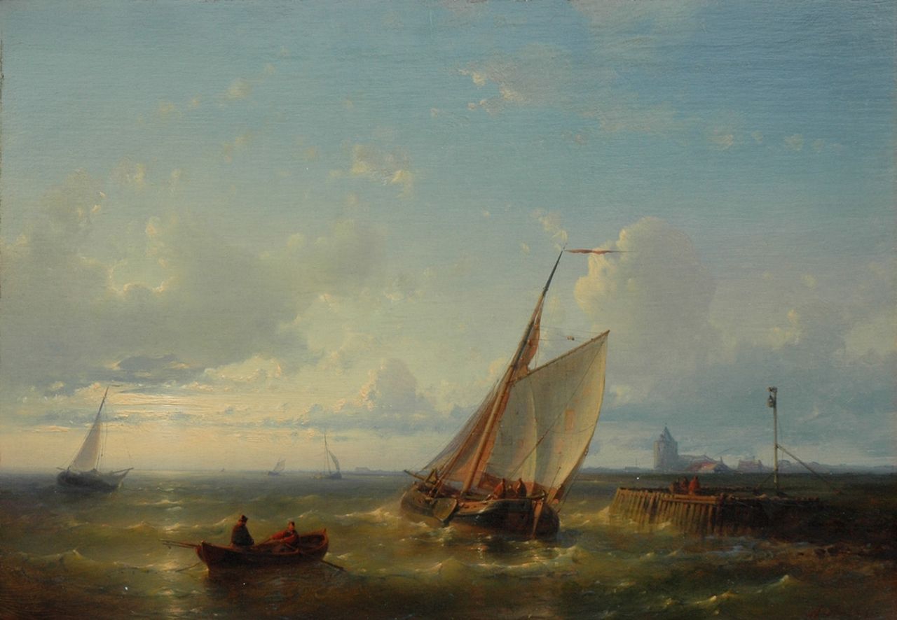 Hulk A.  | Abraham Hulk, A vessel entering a harbour, oil on panel 25.2 x 36.3 cm, signed l.r.