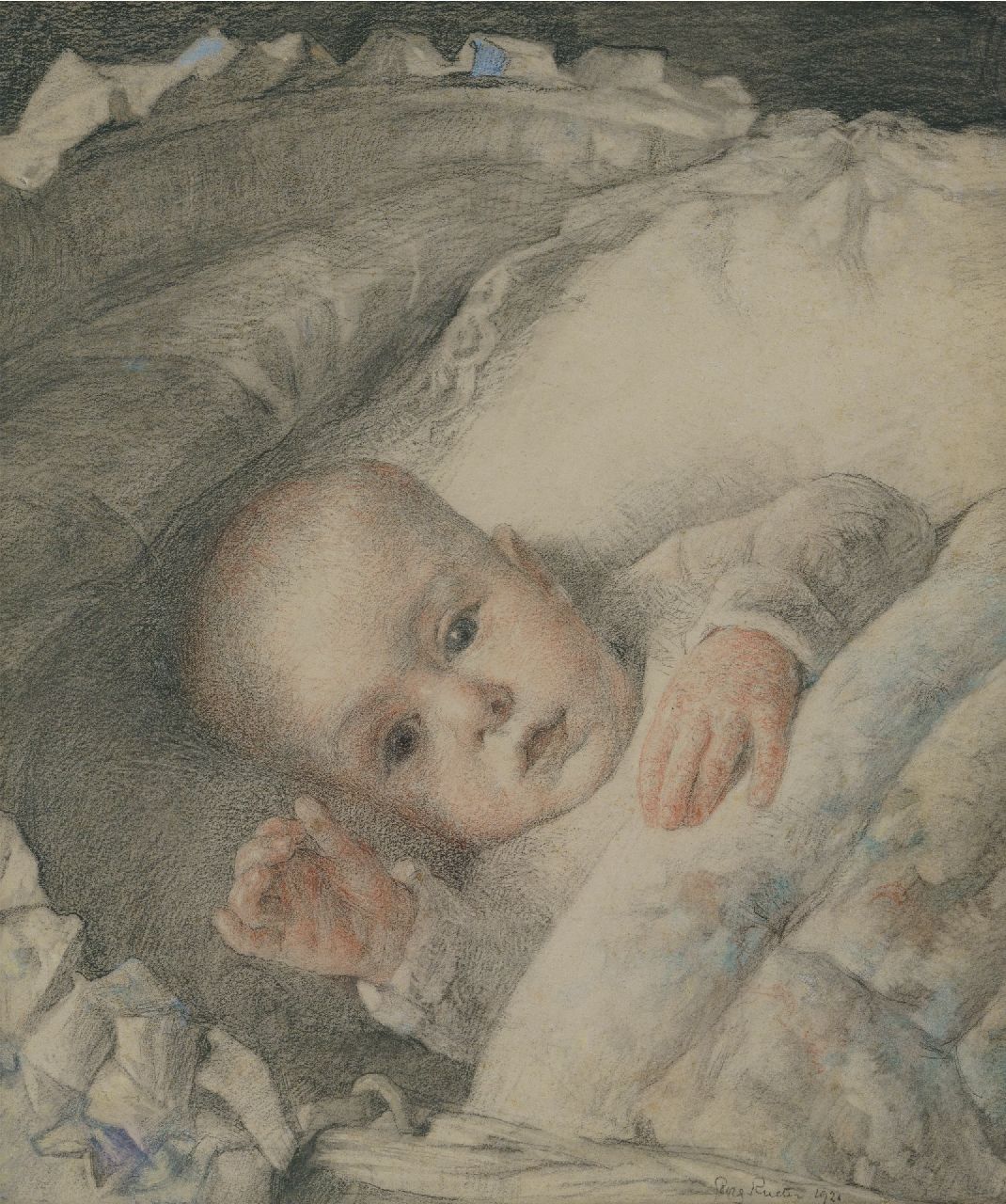 Rueter W.C.G.  | Wilhelm Christian 'Georg' Rueter | Watercolours and drawings offered for sale | A portrait of Jan Peter Moes as a baby, coloured pencil and chalk on paper 32.6 x 27.9 cm, signed l.r. and dated 1920