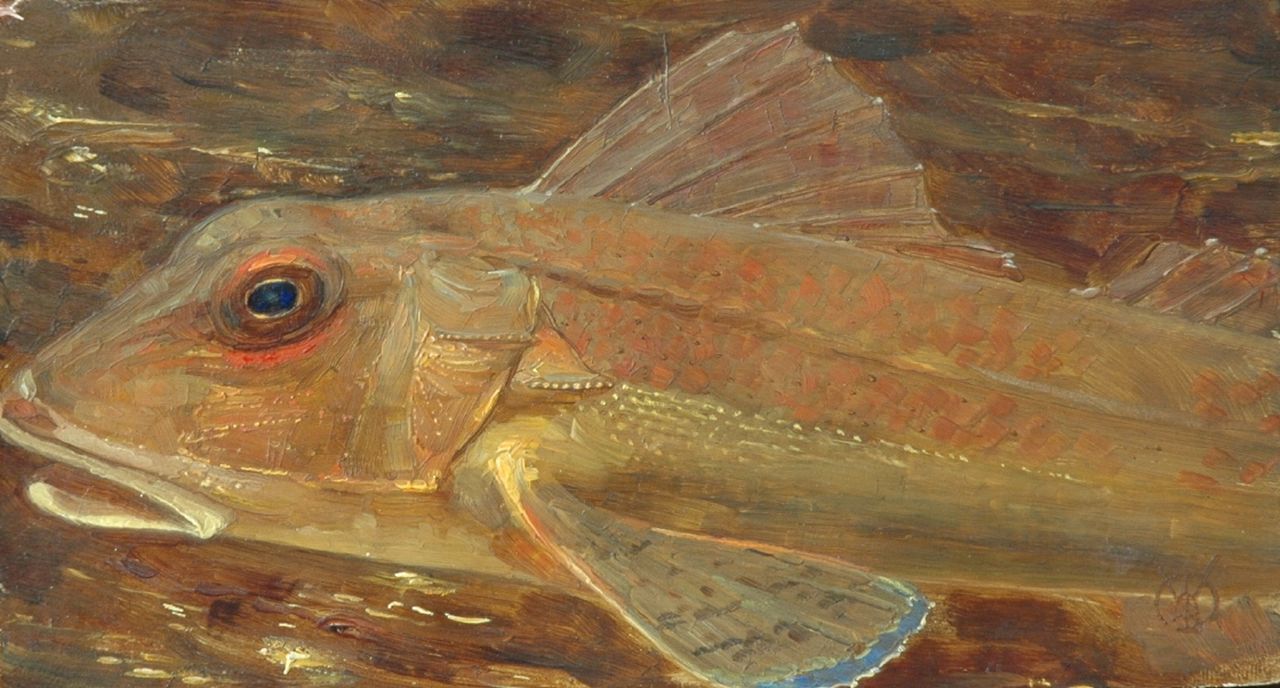 Dijsselhof G.W.  | Gerrit Willem Dijsselhof, A gurnard's head, oil on panel 10.7 x 19.4 cm, signed l.r. with monogram