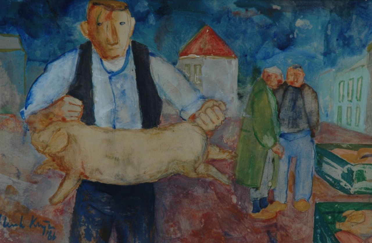 Klijn H.W.  | Hendrik Willem 'Henk' Klijn, At the pig's fair, watercolour on paper 32.6 x 50.5 cm, signed l.l. and dated '66