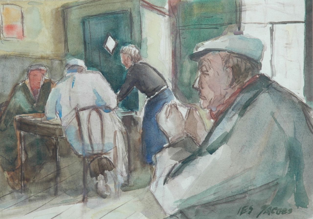 Jacobs I.  | Isaac 'Ies' Jacobs, Farmers and waitress at the café Bakker, watercolour on paper 40.1 x 52.3 cm, signed l.r.