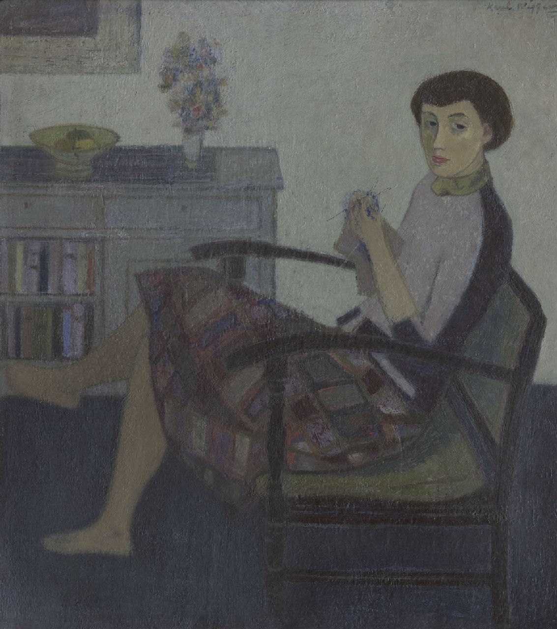 Wiggers K.H.  | 'Karel' Hendrik Wiggers, A woman, knitting, oil on board 50.3 x 44.8 cm, signed u.r.