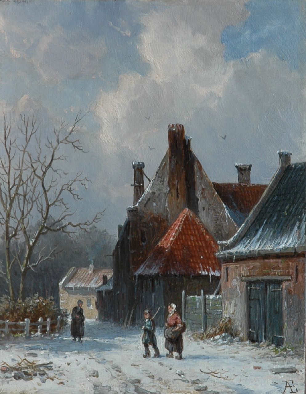Eversen A.  | Adrianus Eversen, A village in winter, oil on panel 18.9 x 14.8 cm, signed l.r. with monogram