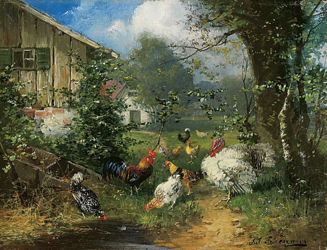 Scheuerer J.  | Julius Scheuerer, Poultry in a garden, oil on panel 13.9 x 18.0 cm, signed l.r.