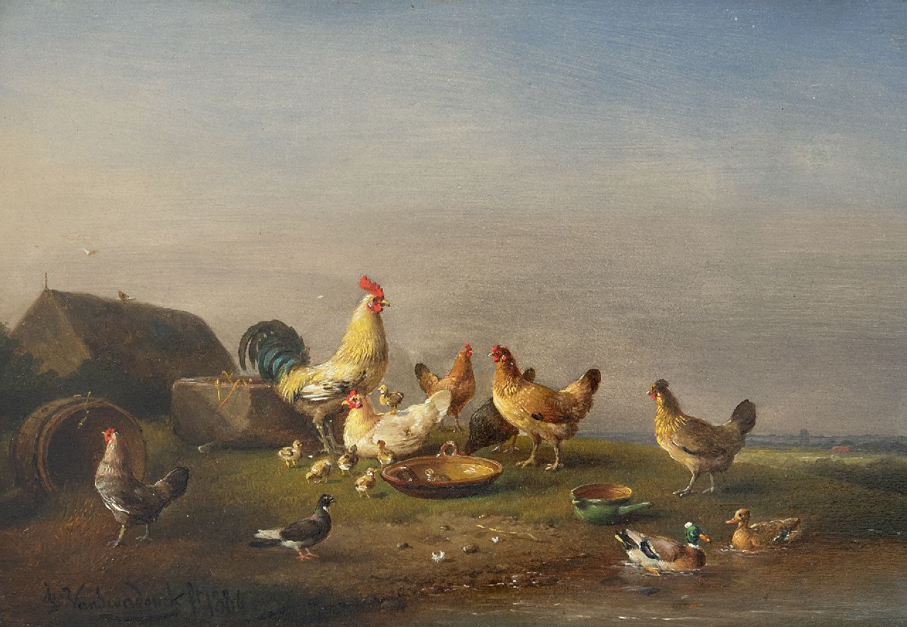 Frans van Severdonck | Poultry and birds in an extensive landscape, oil on panel, 17.8 x 26.0 cm, signed l.l. and painted 1886