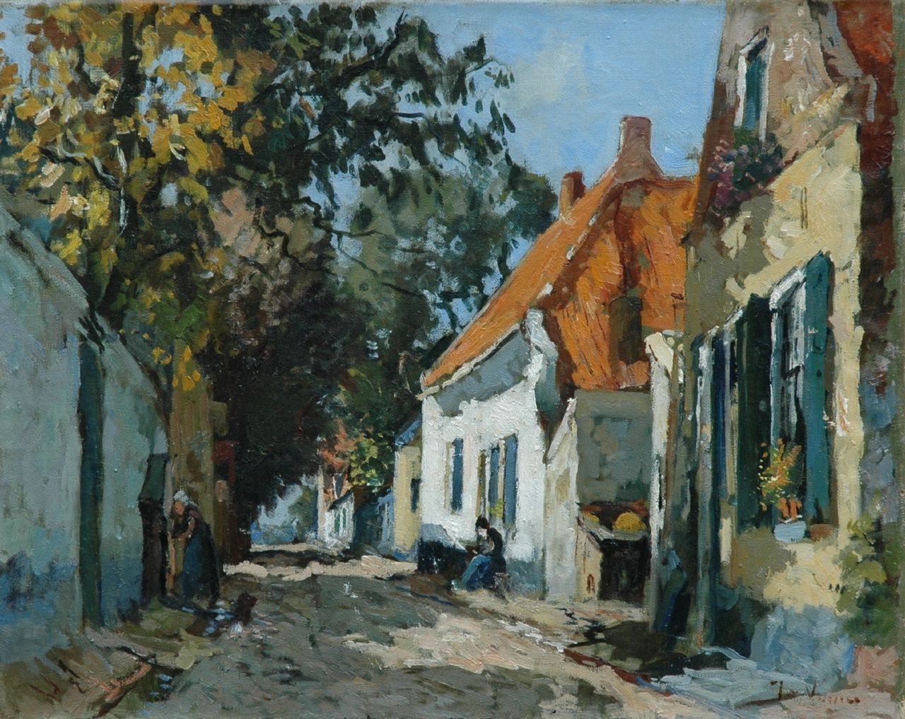 Vuuren J. van | Jan van Vuuren, A sunlit street, Elburg, oil on canvas 40.2 x 50.2 cm, signed l.r.