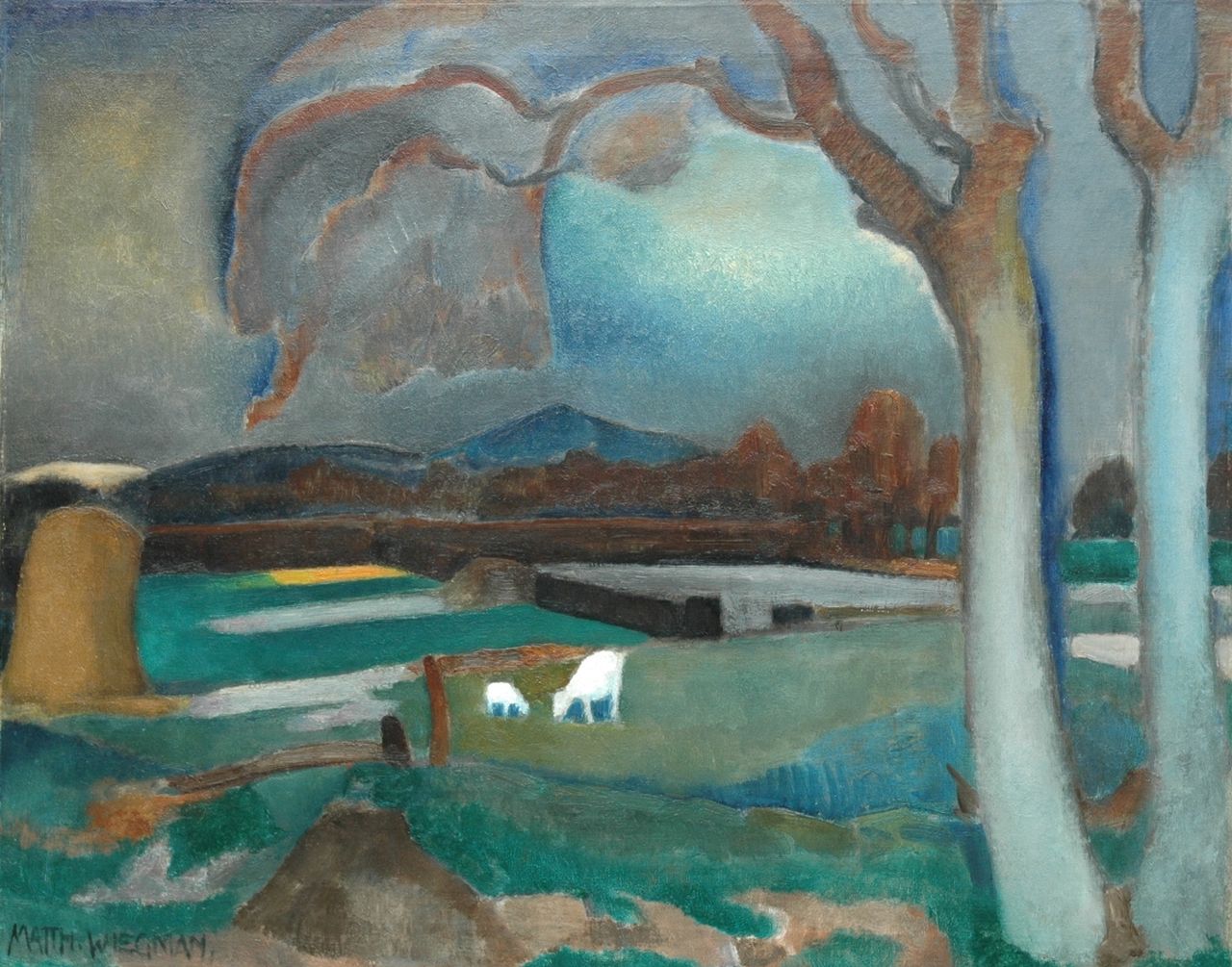 Wiegman M.J.M.  | Mattheus Johannes Marie 'Matthieu' Wiegman, A landscape with goats, oil on canvas 77.0 x 96.5 cm, signed l.l. and dated between 1914-1916