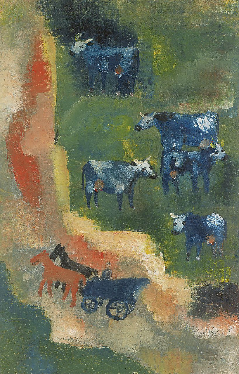 Werkman H.N.  | Hendrik Nicolaas Werkman, Blue cows, unique printing, handstamped in colour on beige vellum paper 51.0 x 32.7 cm, painted in 1943