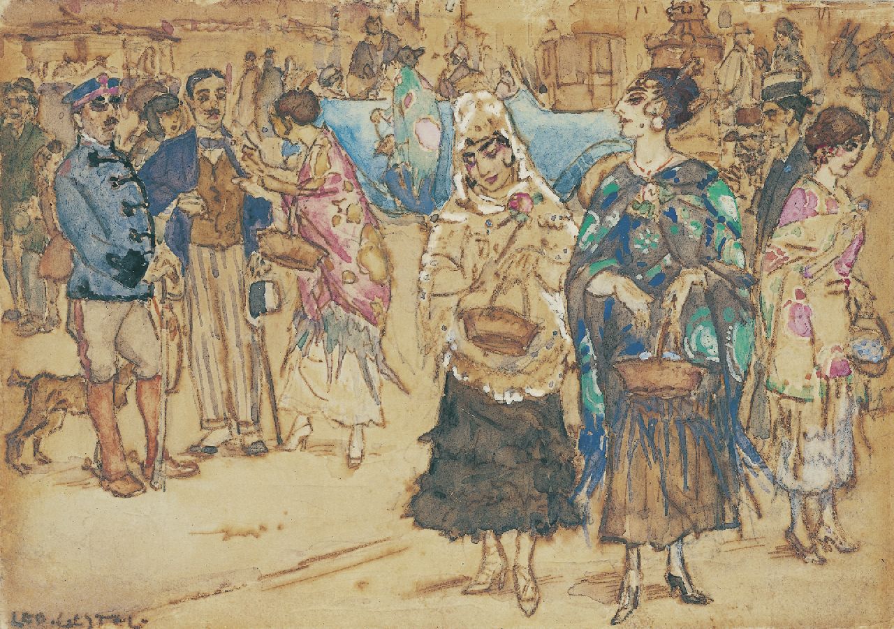 Gestel L.  | Leendert 'Leo' Gestel, Charity Bazaar, Madrid, ink and watercolour on paper 9.0 x 13.0 cm, signed l.l. and painted 1914