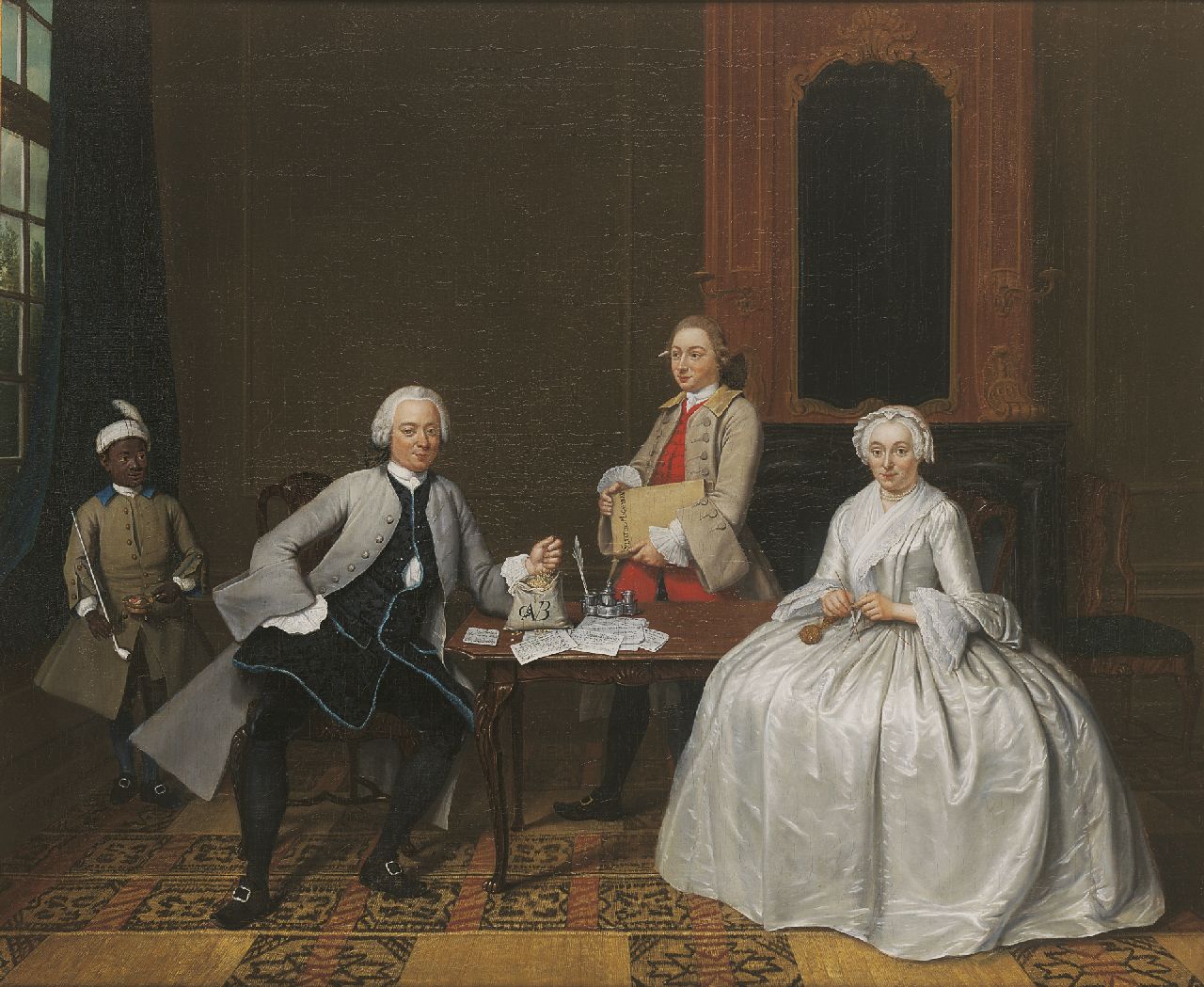 Regters T.  | Tibout Regters, Merchant and banker Gijsbrecht Antwerpen Verbrugge van Freyhoff, his wife Maria Hooft, the bookkeeper and a black servant, oil on canvas 68.0 x 82.7 cm, signed l.l. and dated 1750
