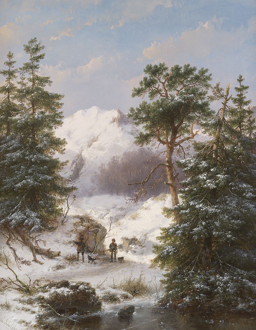 Schelfhout A.  | Andreas Schelfhout, Hunters in a mountain landscape, oil on panel 62.4 x 48.0 cm, signed l.l. and painted '55