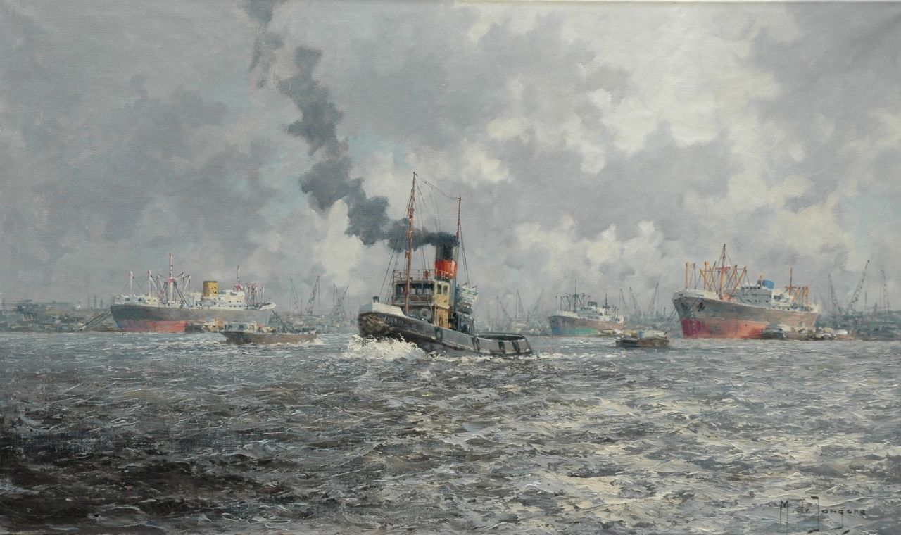Drulman M.J.  | Marinus Johannes Drulman, Tug fleet, The Waalhaven Rotterdam, oil on canvas 60.3 x 100.8 cm, signed l.r. with pseudonym 'M. de Jongere'