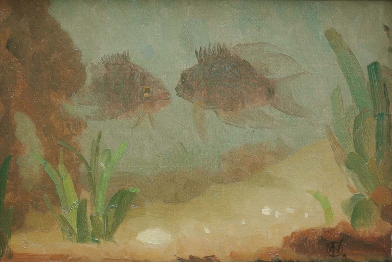 Dijsselhof G.W.  | Gerrit Willem Dijsselhof, An aquarium with fish, oil on canvas 18.0 x 25.5 cm, signed l.r. with monogram