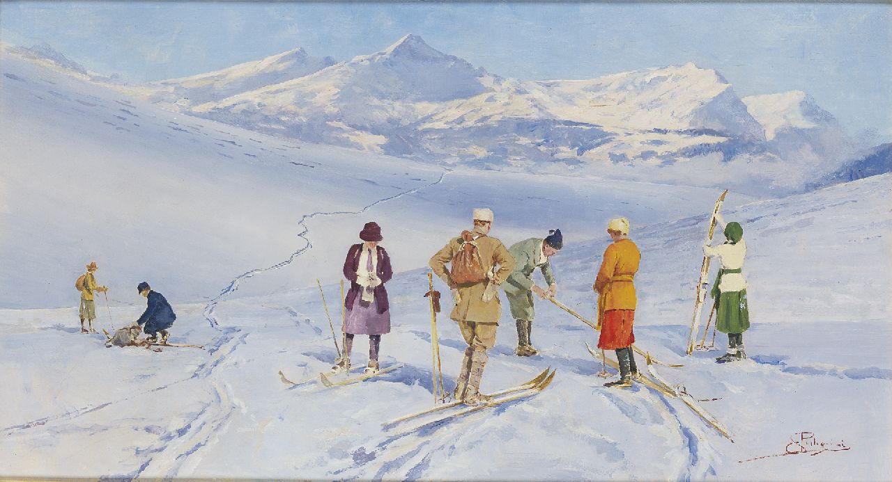 Pellegrini C.  | Carlo Pellegrini, Skiing in the Alps, oil on panel 33.0 x 60.5 cm, signed l.r.