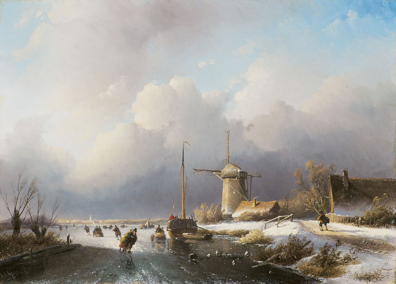Spohler J.J.  | Jan Jacob Spohler, Skating on a river near a windmill, oil on panel 39.2 x 55.3 cm, signed l.l.