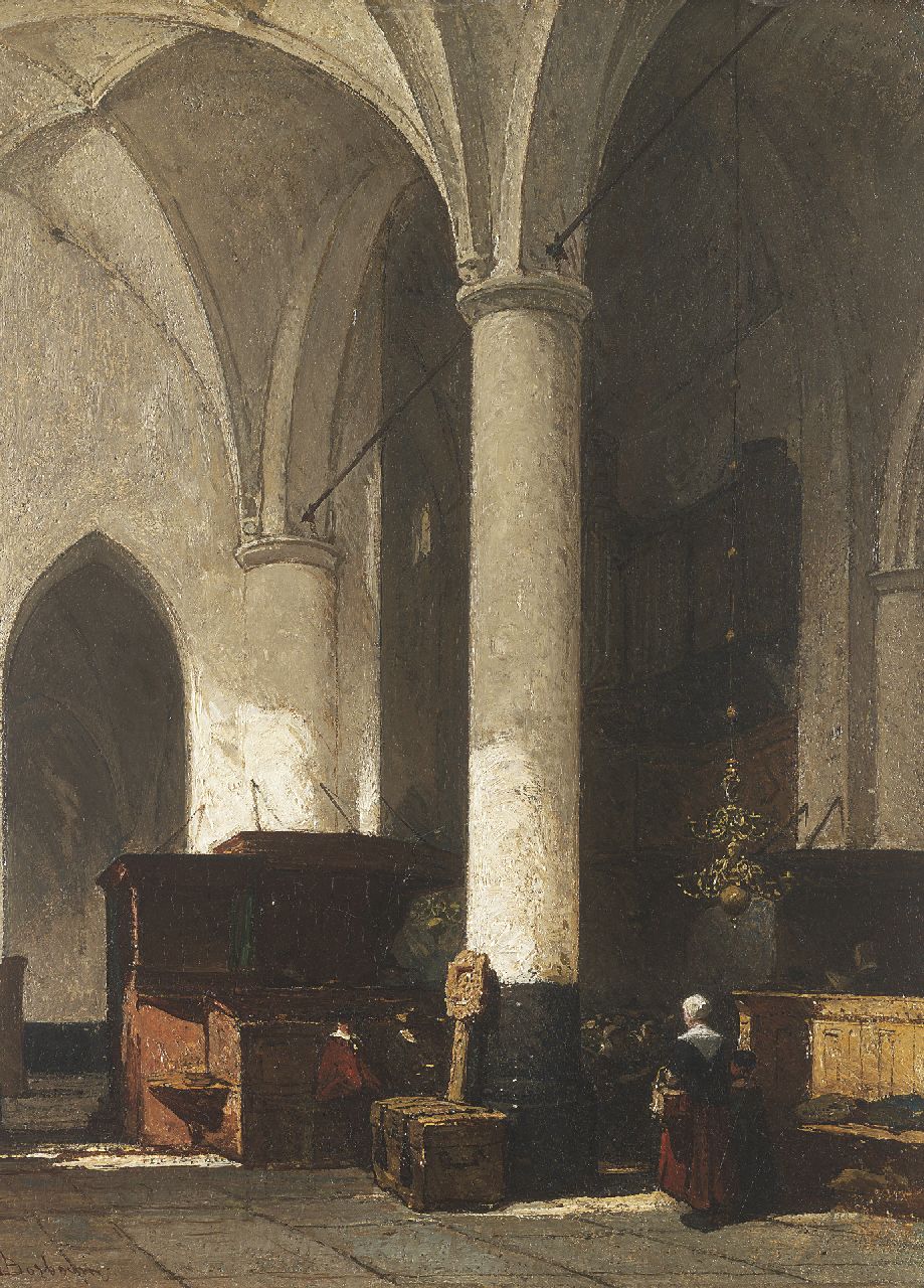 Bosboom J.  | Johannes Bosboom, Interior of the Dutch protestant church in Hattem, oil on panel 38.0 x 28.6 cm, signed l.l.