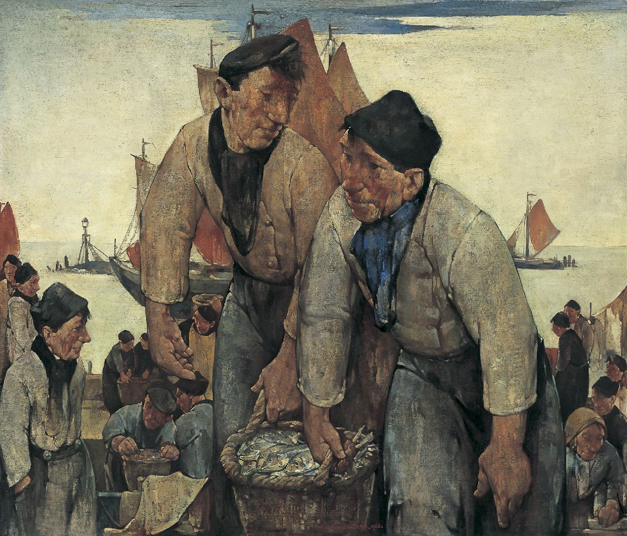 Berg W.H. van den | 'Willem' Hendrik van den Berg, Volendamse vissers met hun vangst, oil on canvas 85.3 x 100.6 cm, signed l.m. and dated 1968