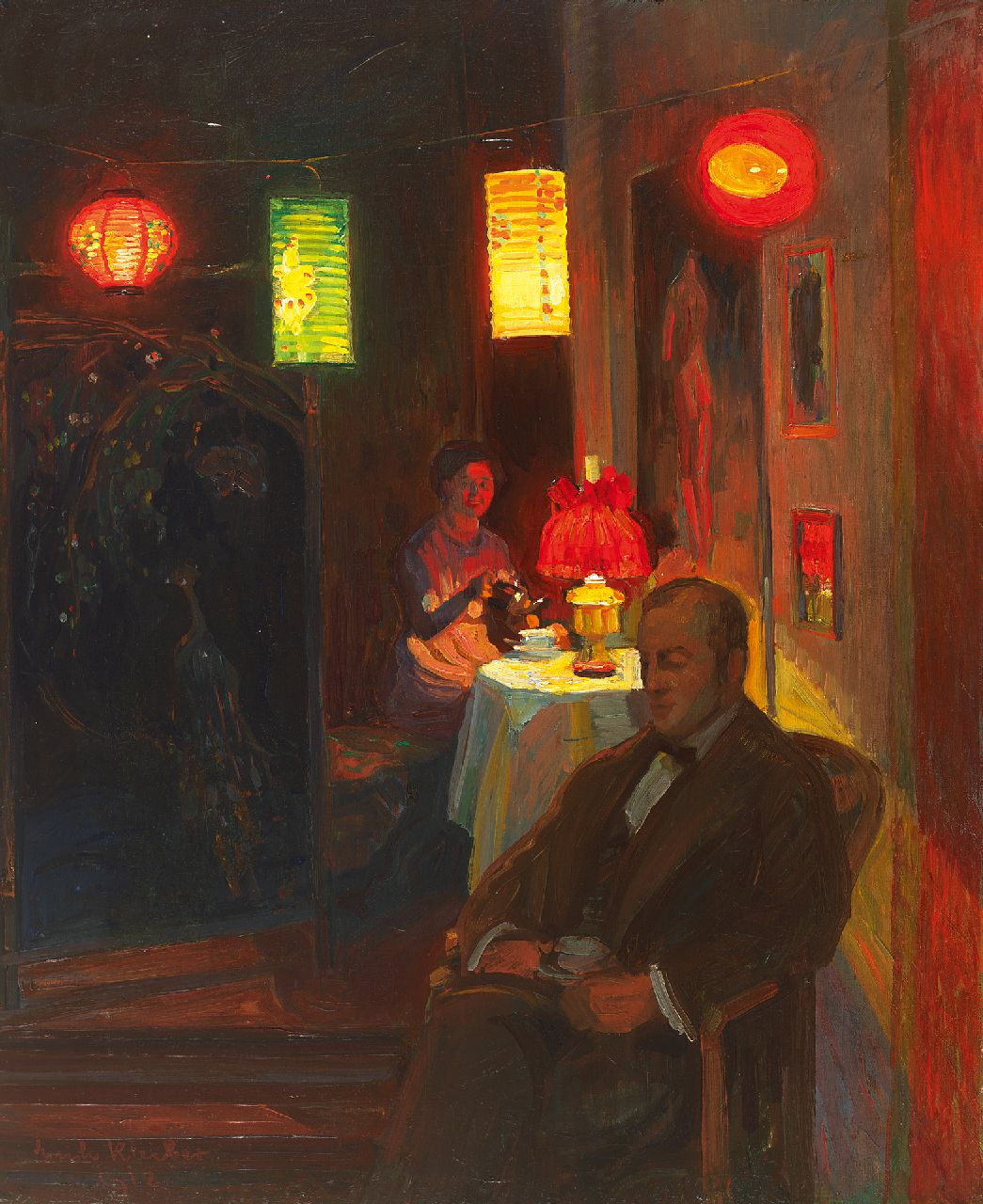 Kleiber E.  | Erich Kleiber | Paintings offered for sale | Evening tea time with Chinese lanterns, oil on canvas 68.0 x 55.0 cm, signed l.l. and dated 1912