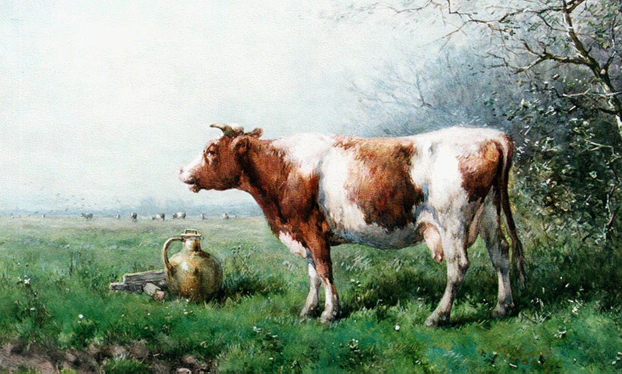 Vrolijk J.M.  | Johannes Martinus 'Jan' Vrolijk, Milking time, watercolour on paper 54.7 x 76.1 cm, signed l.r. and dated '86
