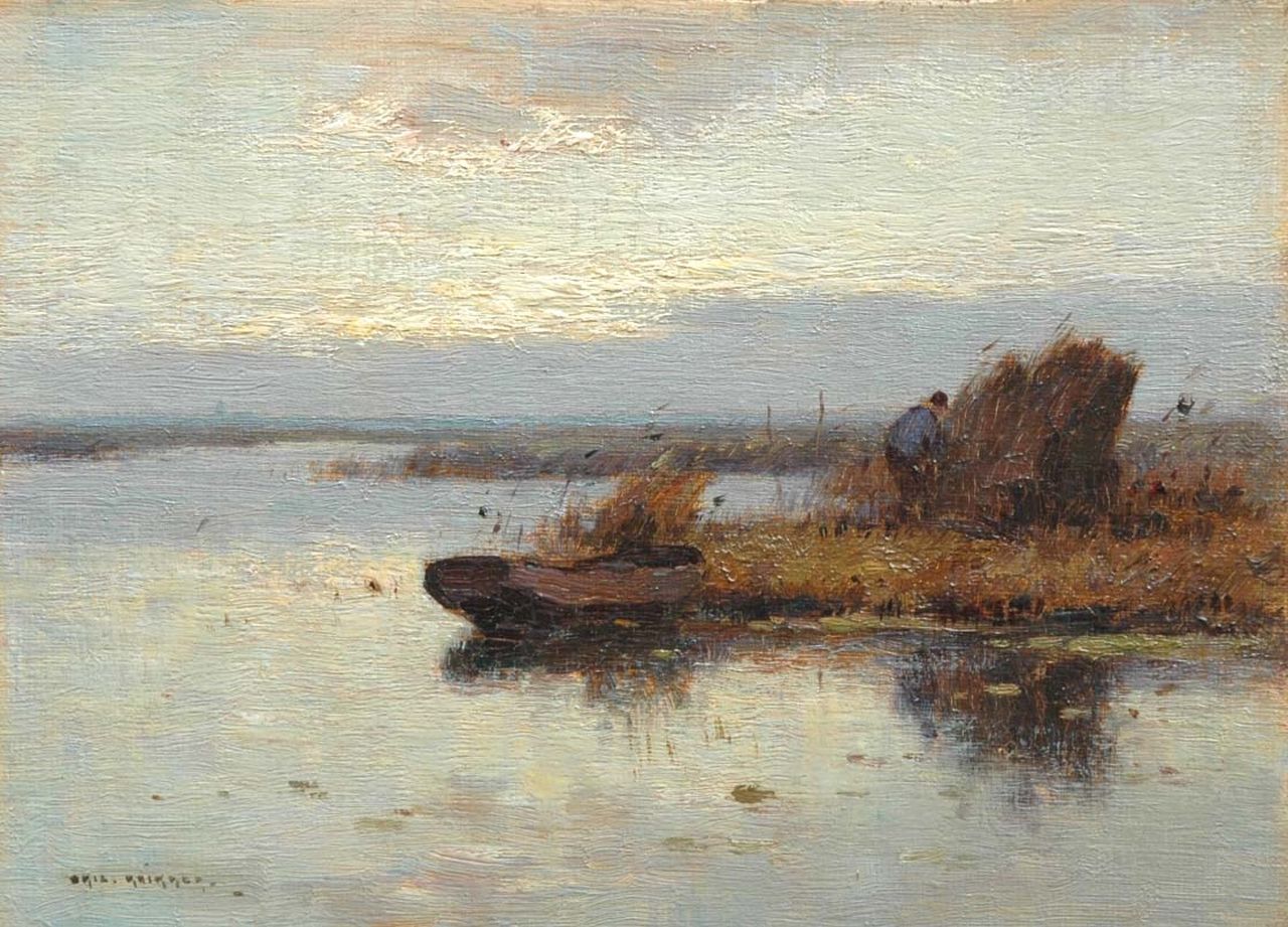 Knikker A.  | Aris Knikker, A polder landscape with a cane cutter, oil on canvas laid down on panel 18.1 x 24.0 cm, signed l.l.