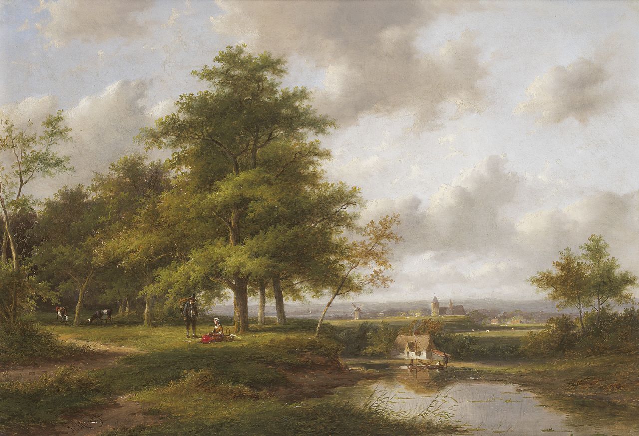 Morel II J.E.  | Jan Evert Morel II, A panoramic landscape with figures, oil on panel 35.3 x 50.9 cm, signed l.l.