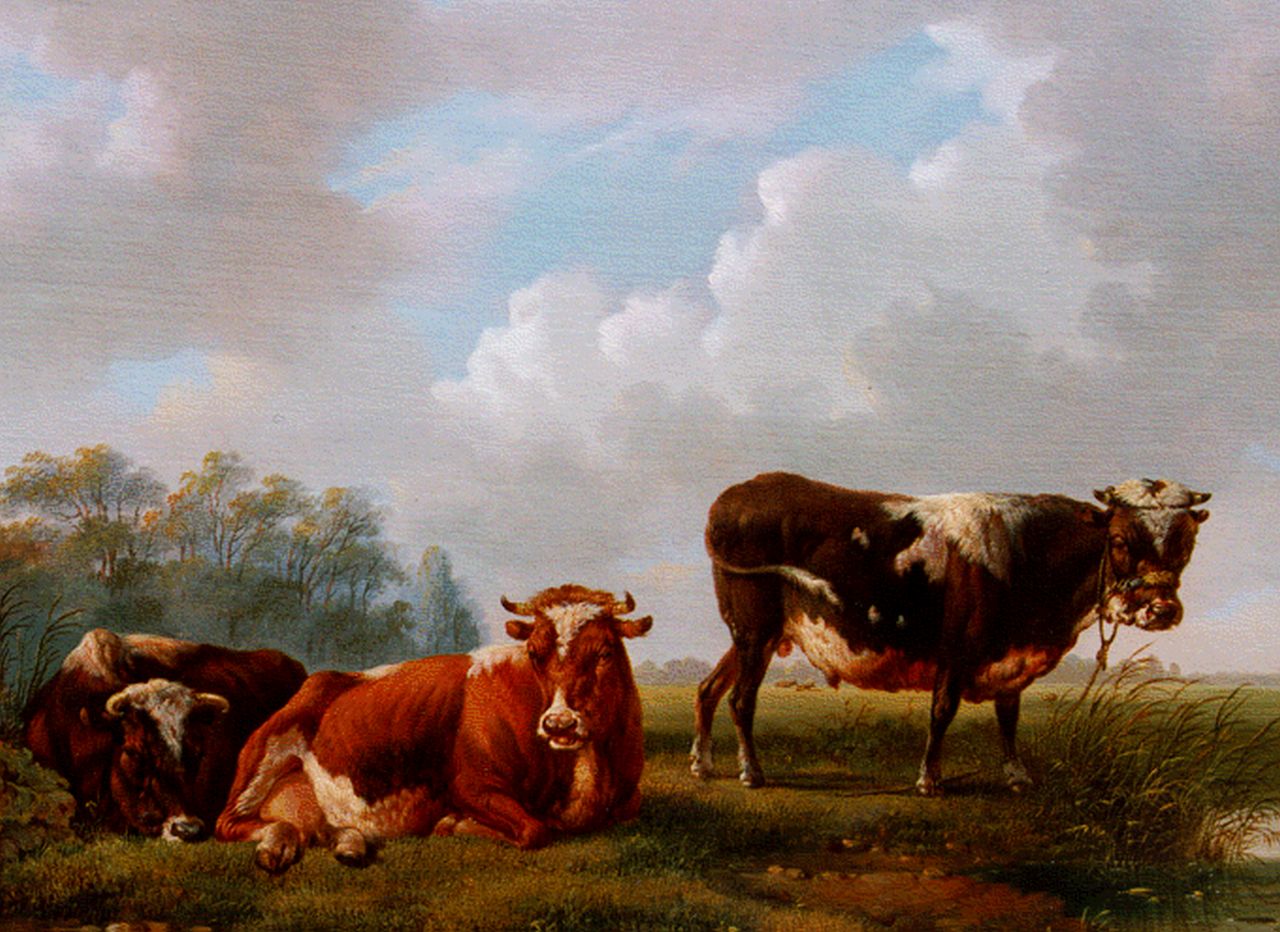 Verhoesen A.  | Albertus Verhoesen, Cattle in meadow, oil on panel 25.2 x 32.0 cm, signed l.l. and dated 1857