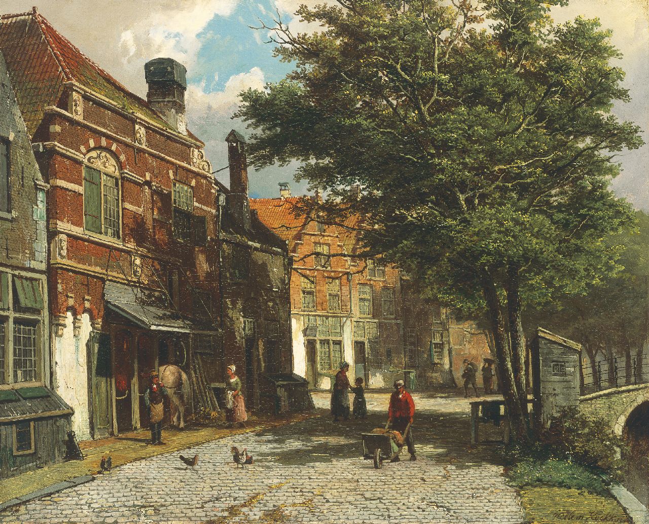 Koekkoek W.  | Willem Koekkoek, A view of a Dutch town in summer, oil on canvas 46.3 x 56.9 cm, signed l.r.