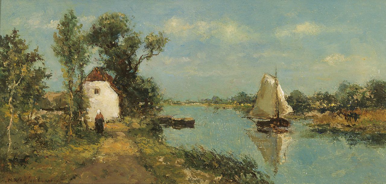 Weissenbruch H.J.  | Hendrik Johannes 'J.H.' Weissenbruch, Sailing boats in the polder, oil on panel 14.7 x 30.2 cm, signed l.l. and te dateren ca. 1889