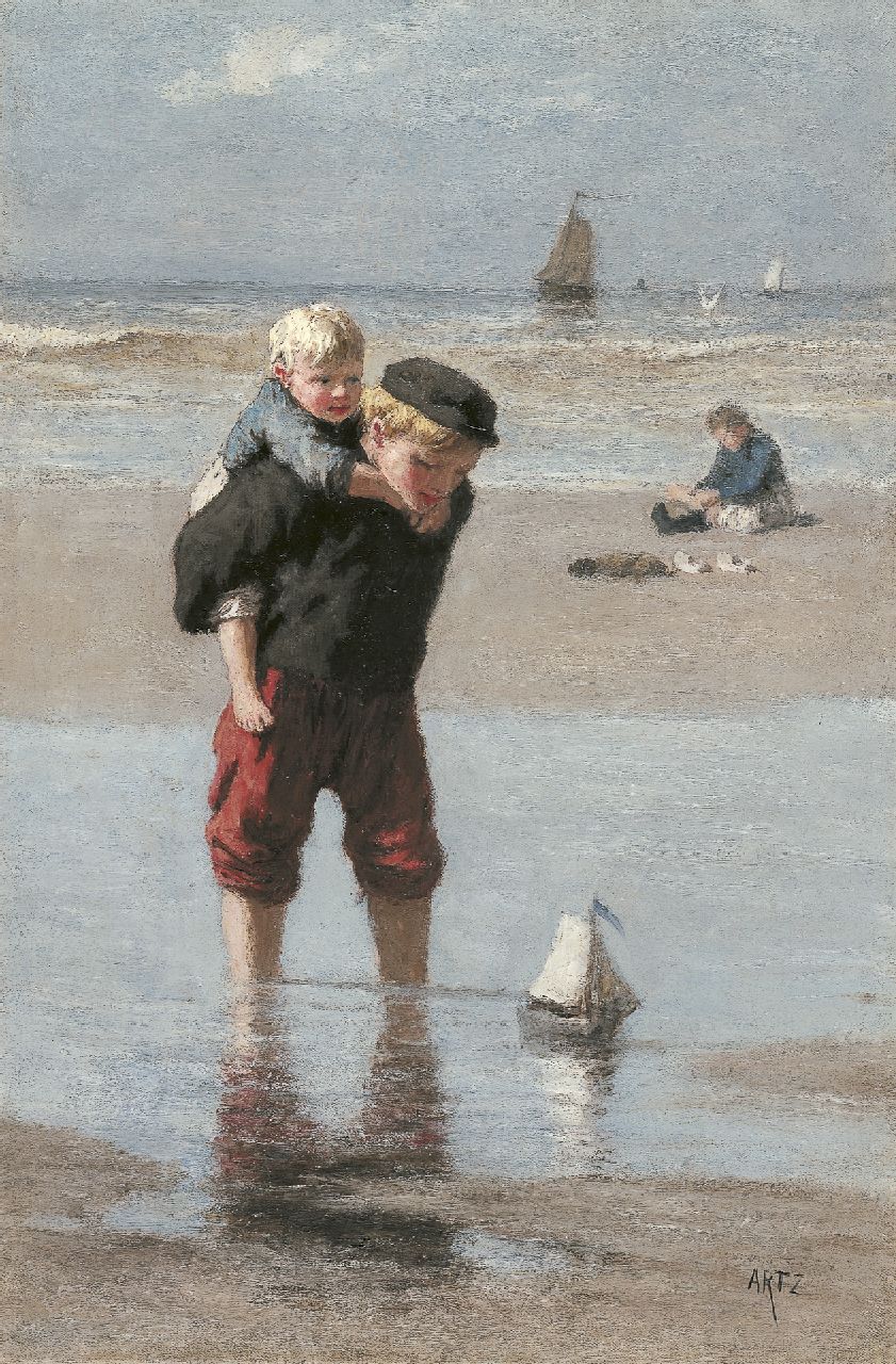Artz D.A.C.  | David Adolphe Constant Artz, Children on the beach, oil on canvas 45.5 x 30.0 cm, signed l.r.