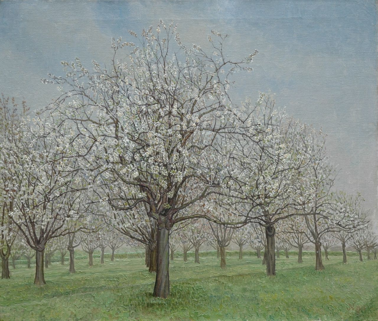 Nieweg J.  | Jakob Nieweg, An orchard in blossom, Betuwe, oil on canvas 60.5 x 70.4 cm, signed l.r. with monogram and dated 1931