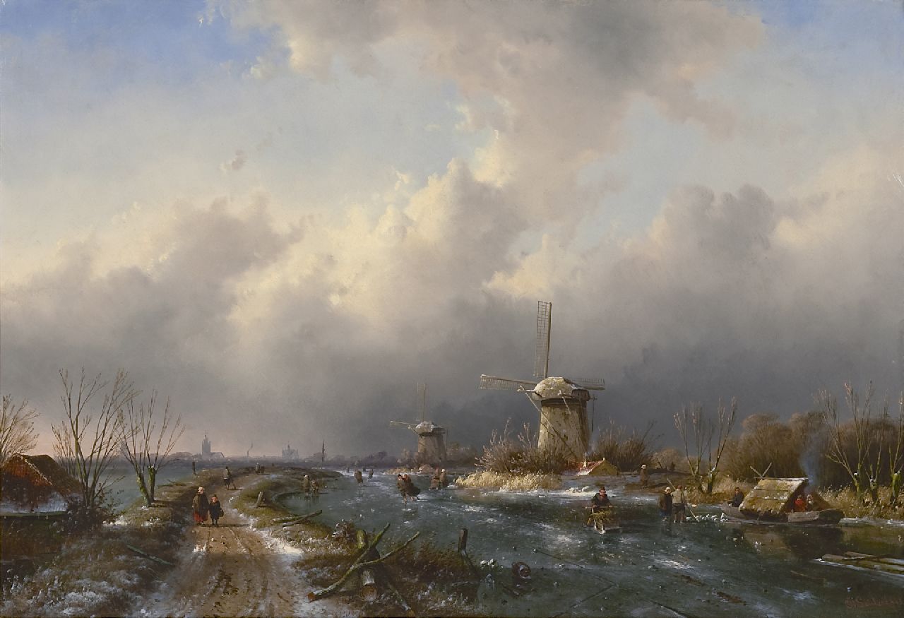 Leickert C.H.J.  | 'Charles' Henri Joseph Leickert, Skaters on a frozen waterway near windmills, oil on panel 50.4 x 73.9 cm, signed l.r. and dated '53