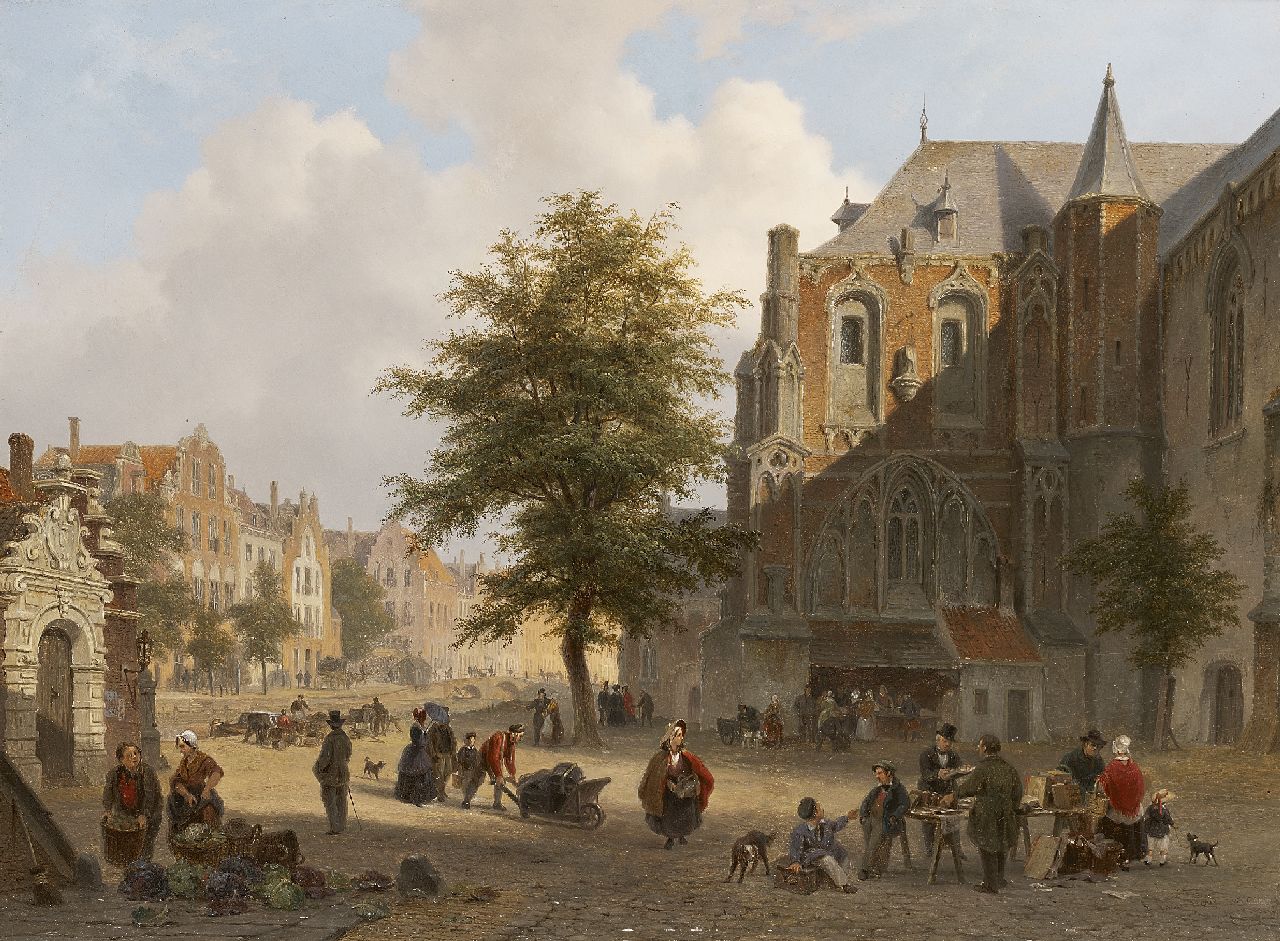 Hove B.J. van | Bartholomeus Johannes 'Bart' van Hove, Busy market place in a small Dutch town, oil on panel 42.2 x 56.7 cm, signed l.r. and dated 1852