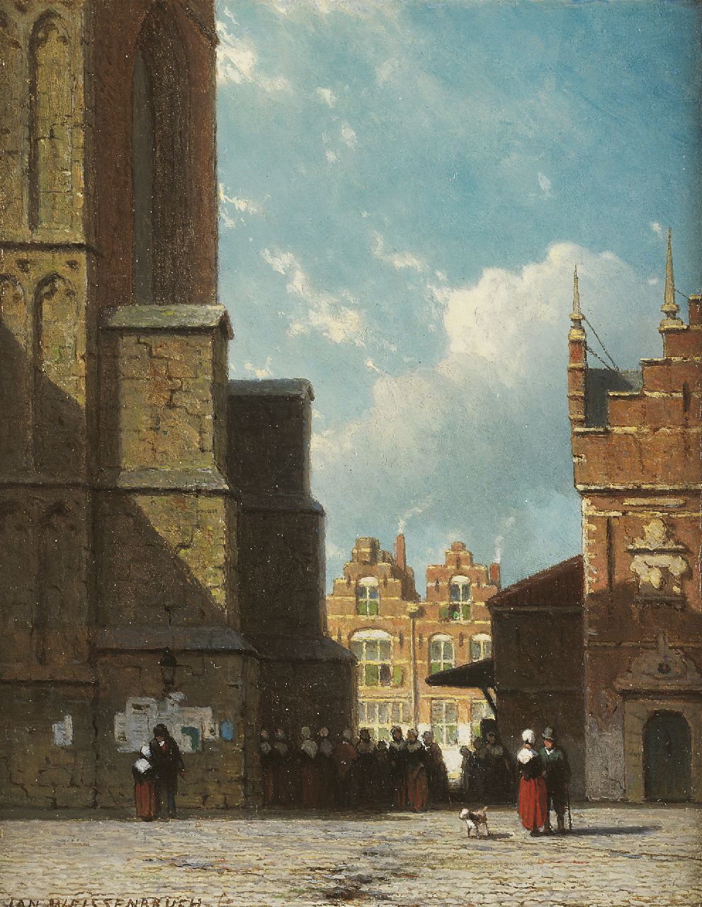 Weissenbruch J.  | Johannes 'Jan' Weissenbruch, The Grote Markt, Haarlem, with St. Bavokerk and meat-market, oil on panel 19.0 x 14.9 cm, signed l.l.