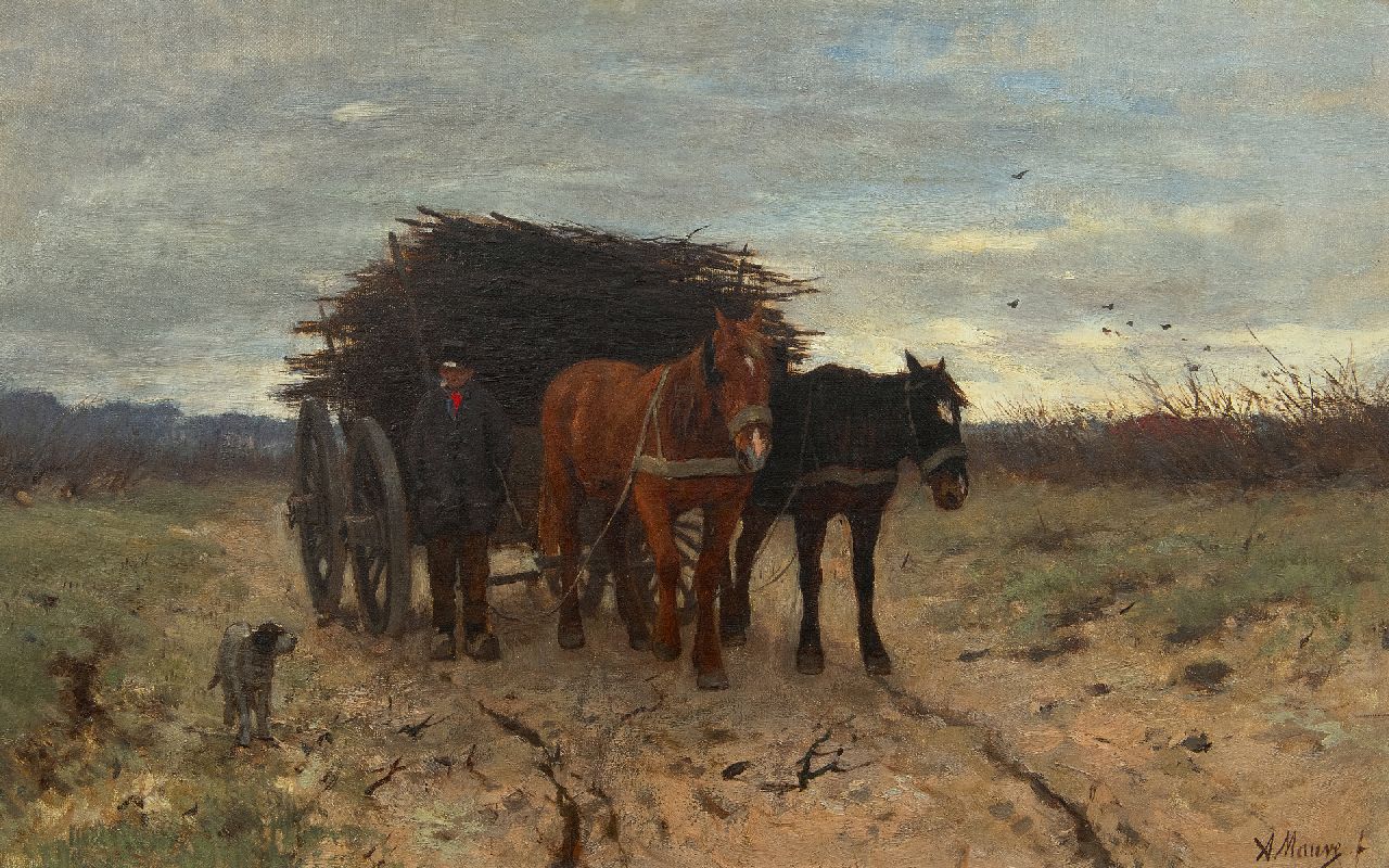 Mauve A.  | Anthonij 'Anton' Mauve | Paintings offered for sale | Wood gatherer with horse-drawn cart, oil on canvas 33.8 x 54.1 cm, signed l.r. and painted 1875-1880