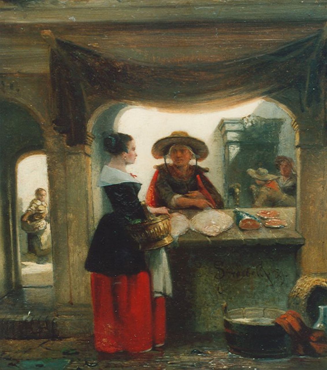 Stroebel J.A.B.  | Johannes Anthonie Balthasar Stroebel, The fishmonger, oil on panel 20.1 x 18.2 cm, signed m.r. and dated '59