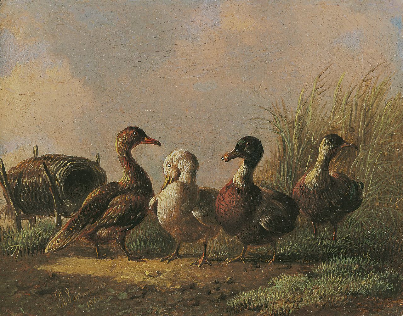 Verhoesen A.  | Albertus Verhoesen, Four ducks, oil on panel 9.7 x 12.4 cm, signed l.l. and dated 1861