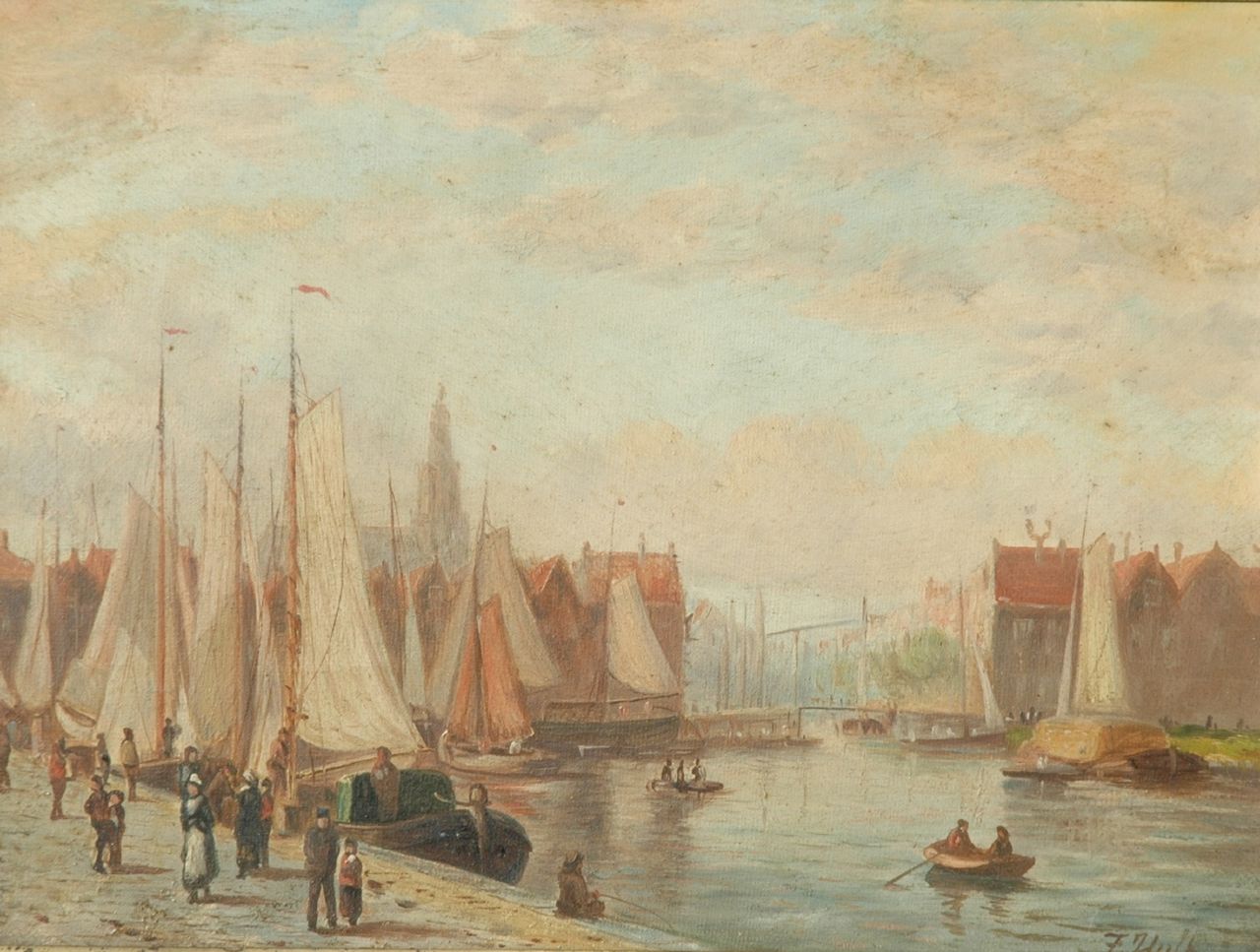 Hulk sr. J.F.  | Johannes Frederik Hulk sr., Sailing vessels moored to the quay, oil on canvas 23.0 x 31.0 cm, gesigneerd rechtsonder