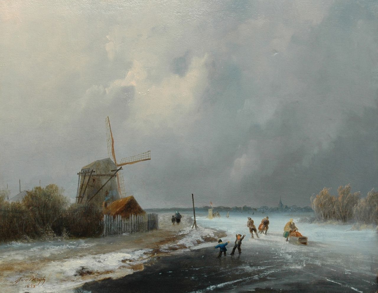 Bergh A. van den | Andries van den Bergh, A winter scene with skaters near a windmill, oil on panel 30.4 x 38.6 cm, signed l.l. and dated 1855