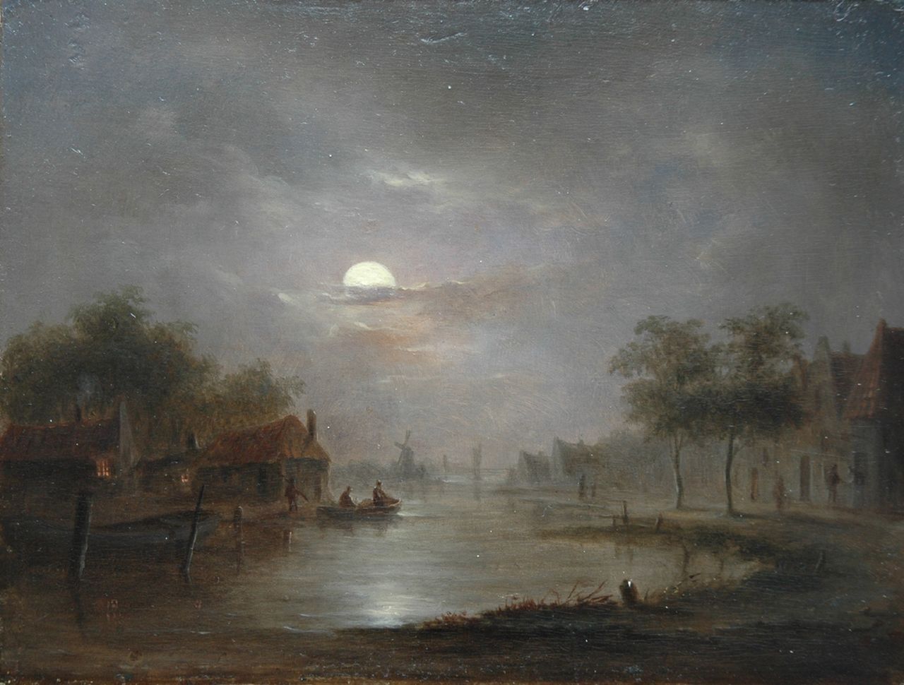 Bernardus Hagedoorn (Toegeschreven aan) | A moonlit river landscape, oil on panel, 16.2 x 21.4 cm