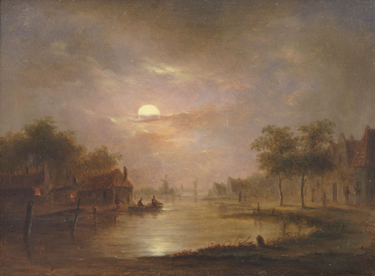 Hagedoorn (Toegeschreven aan) B.  | Bernardus Hagedoorn (Toegeschreven aan) | Paintings offered for sale | A moonlit river landscape, oil on panel 16.2 x 21.4 cm