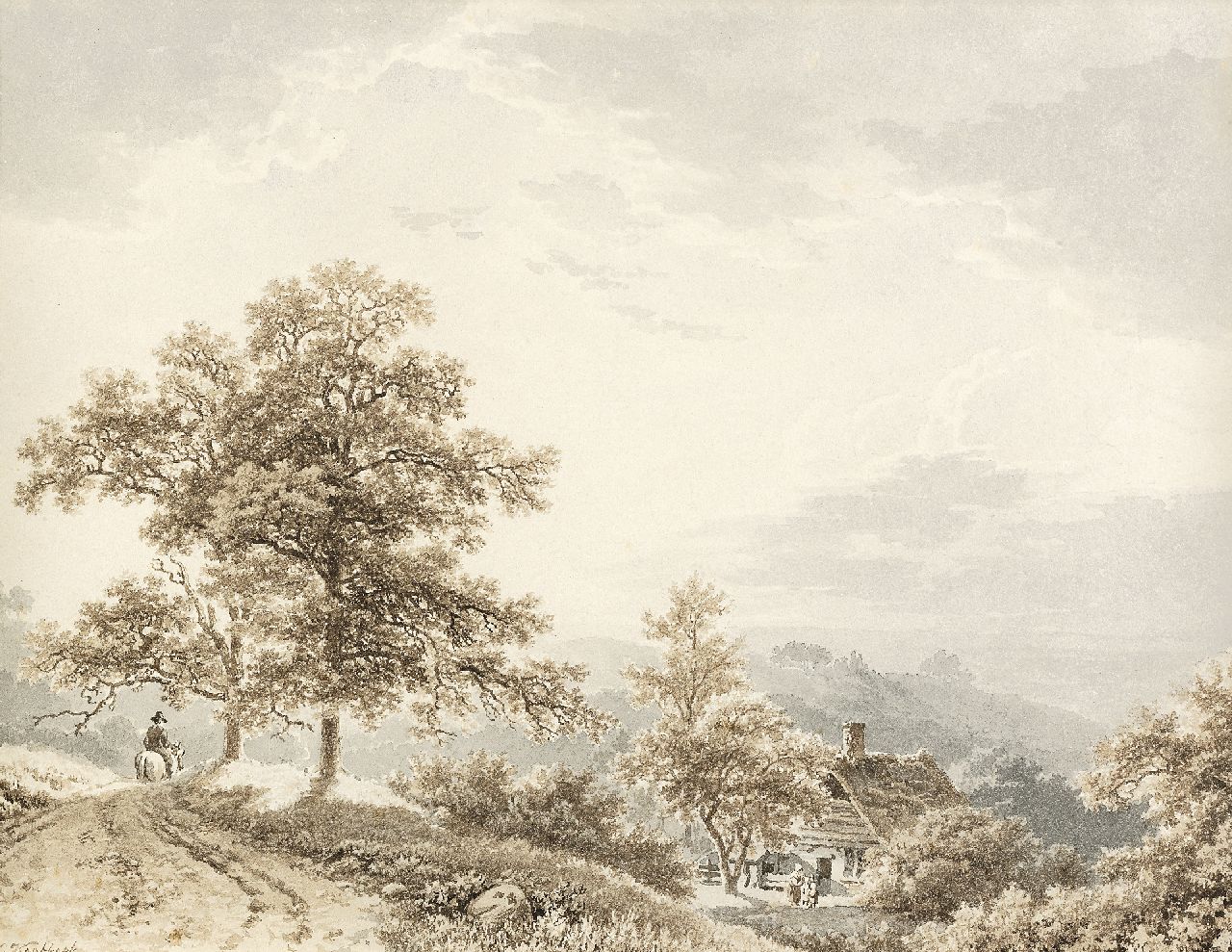 Koekkoek B.C.  | Barend Cornelis Koekkoek, Traveller in a hilly landscape, sepia and washed ink on paper 21.2 x 27.4 cm, signed l.l. and painted ca. 1833-1840