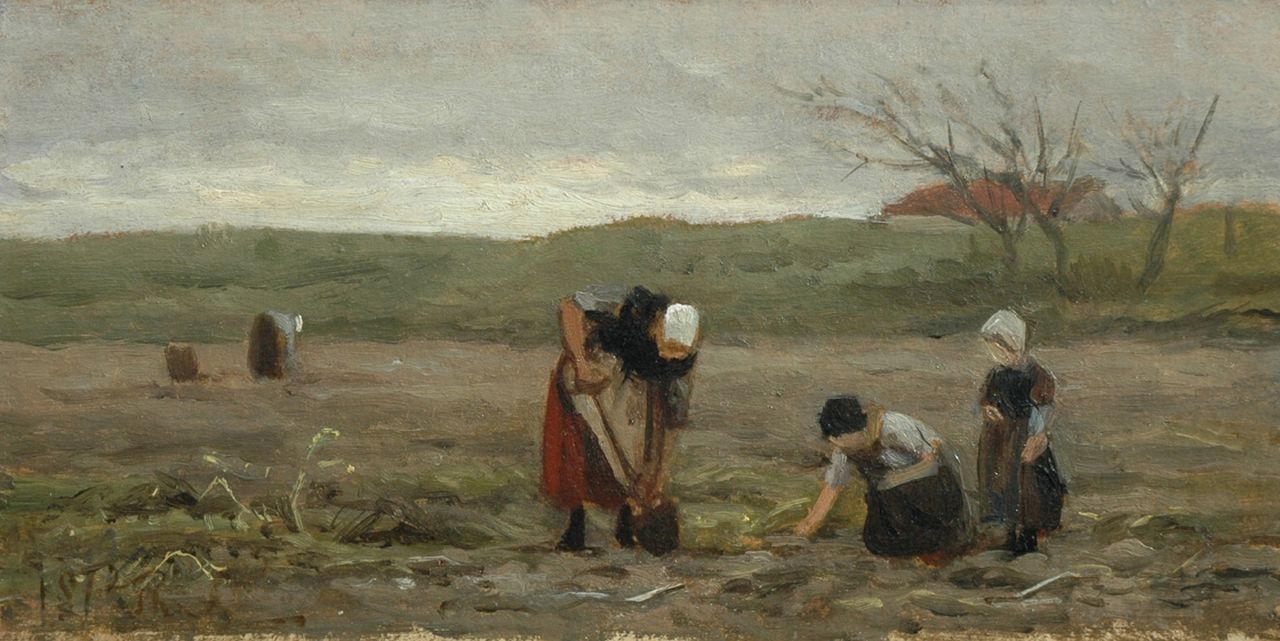 Sadée P.L.J.F.  | Philip Lodewijk Jacob Frederik Sadée, Digging up potatoes, oil sketch on paper laid down on panel 15.8 x 31.0 cm, signed l.l. with monogram and dated 1872