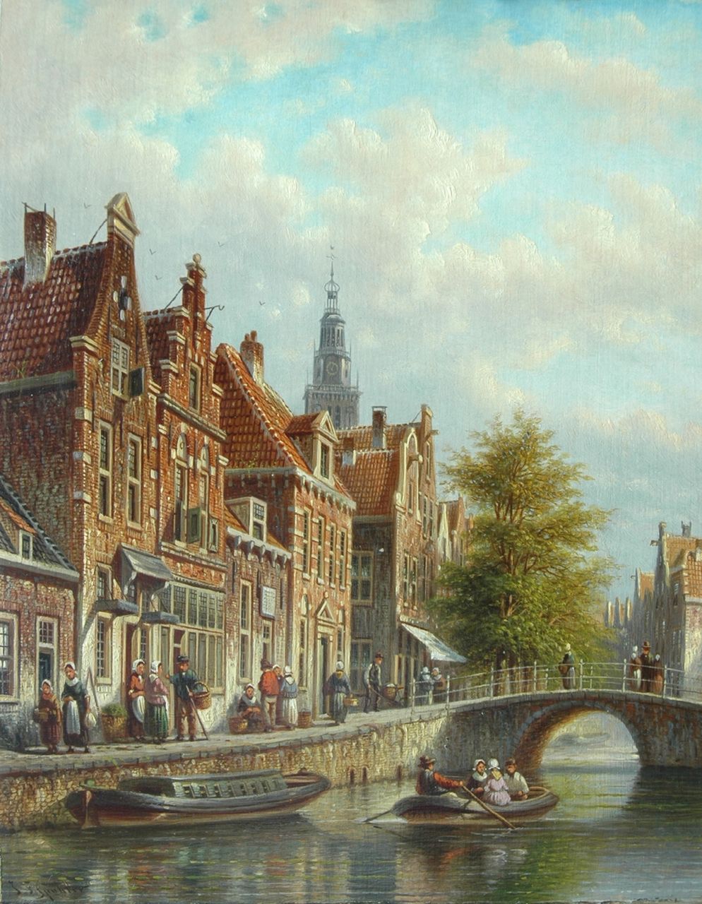Spohler J.F.  | Johannes Franciscus Spohler, Dutch canal with the tower of the Waag, Alkmaar, oil on panel 26.3 x 20.7 cm, signed l.l.