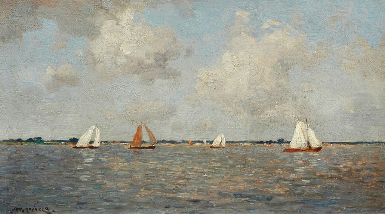Knikker sr. J.S.  | 'Jan' Simon Knikker sr., Lake with sailing boats, oil on panel 20.2 x 34.9 cm, signed l.l.