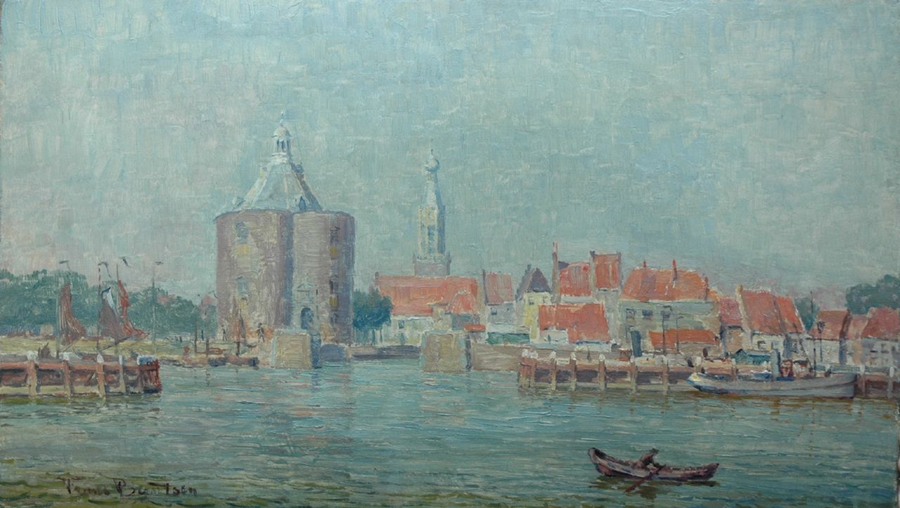 Berntsen F.J.J.A.A.  | Franciscus Johannes Jacobus Adrianus Antonius Berntsen, The harbour of Enkhuizen, oil on board 44.0 x 75.7 cm, signed l.l.