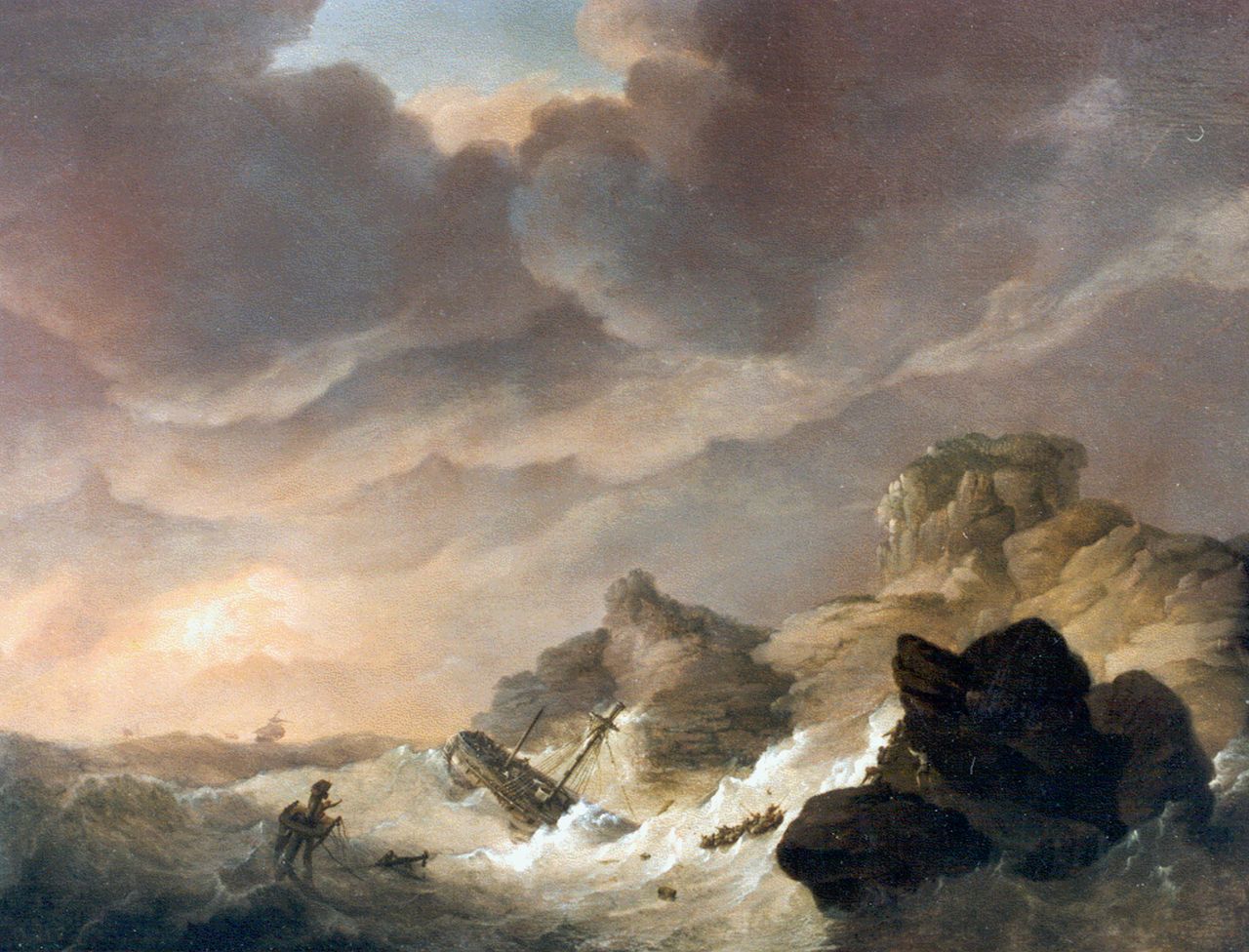 Koekkoek J.H.  | Johannes Hermanus Koekkoek, Sailing-vessel in distress, oil on panel 26.0 x 33.3 cm