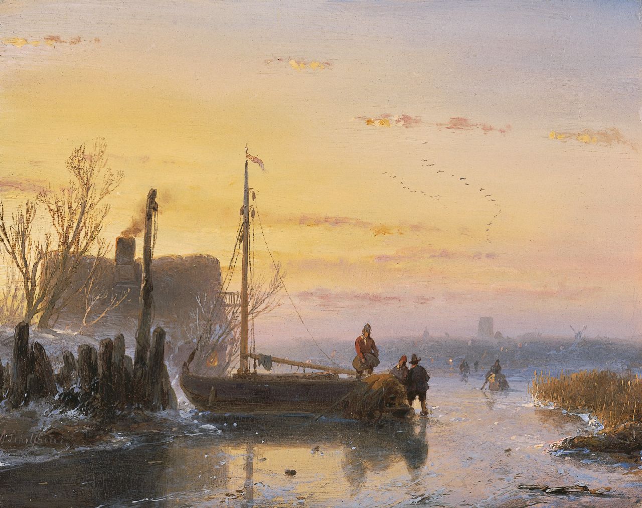 Schelfhout A.  | Andreas Schelfhout, Skaters near a frozen up fishing boat, oil on panel 15.1 x 19.1 cm, signed l.l. and painted circa 1850