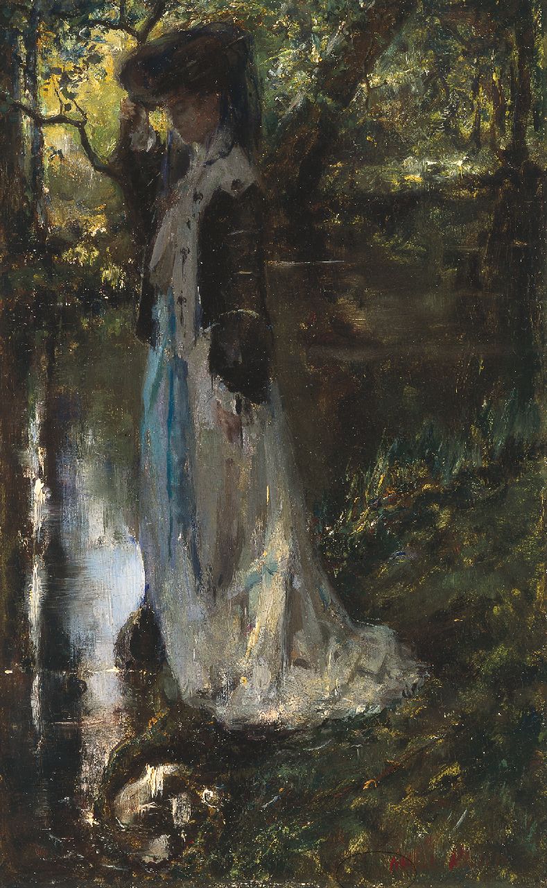 Roelofs O.W.A.  | Otto Willem Albertus 'Albert' Roelofs, Elegant young woman near a stream, oil on panel 39.5 x 25.0 cm