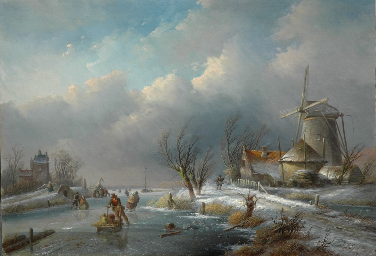 Spohler J.J.  | Jan Jacob Spohler, Winter landscape with windmill, skaters and a refreshment stand, oil on panel 36.3 x 51.6 cm, signed l.r. and dated '59