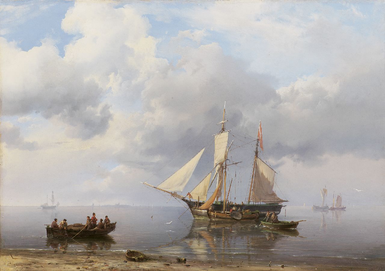 Koekkoek H.  | Hermanus Koekkoek, Loading the scooner at calm weather, oil on canvas 39.0 x 55.7 cm, signed l.l. and dated 1849